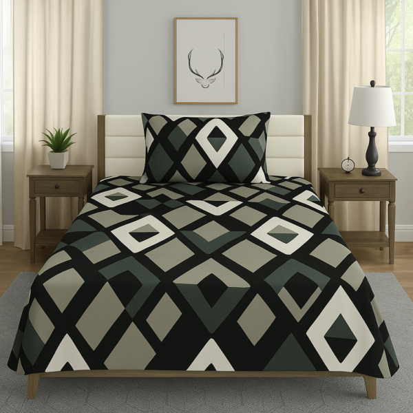 Bedsheet Single (240x145 cm) with 1Pillowcase – Generic Geometric Print Black & Beige Diamond Pattern