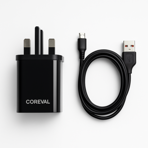 Fast Charging Wall Charger with USB to Micro USB Cable, Universal 100-240V Input, 4.5V/5A, 5V/3A, 9V/1.6A Output, UK 3-Pin Plug – Black