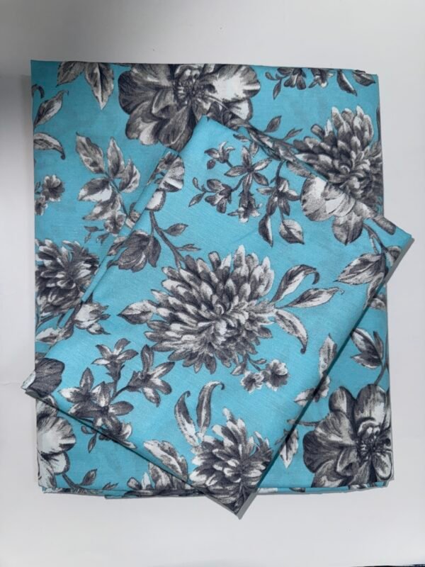 King Size Flat Cotton Bedsheet (270x240 cm) with Two Pillowcases Blue Floral Print