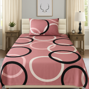 Bedsheet Single Size 240x145 cm with 1 Pillowcase – 125 GSM, Soft & Durable – Modern Circle Print – Pink