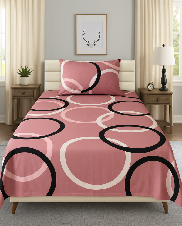 Bedsheet Single Size 240x145 cm with 1 Pillowcase – 125 GSM, Soft & Durable – Modern Circle Print – Pink