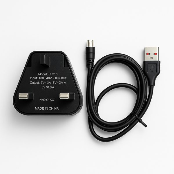 Fast Charging Wall Charger with USB to Micro USB Cable, Universal 100-240V Input, 4.5V/5A, 5V/3A, 9V/1.6A Output, UK 3-Pin Plug – Black