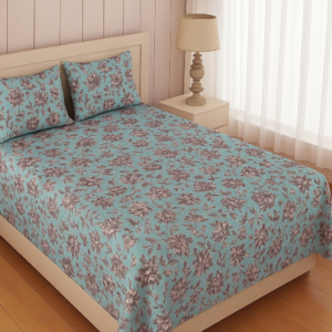 King Size Flat Cotton Bedsheet (270x240 cm) with Two Pillowcases Blue Floral Print