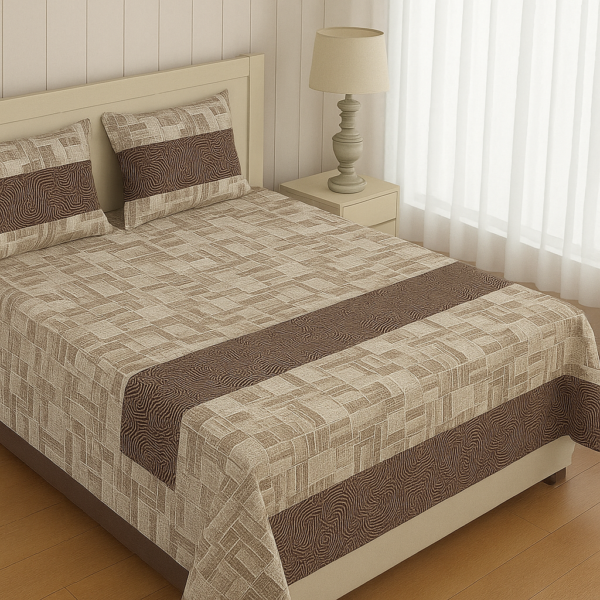 King Size 144 TC Cotton Bedsheet (270x240 cm) with 2 Pillow Covers Soft & Durable Brown Geometric Print