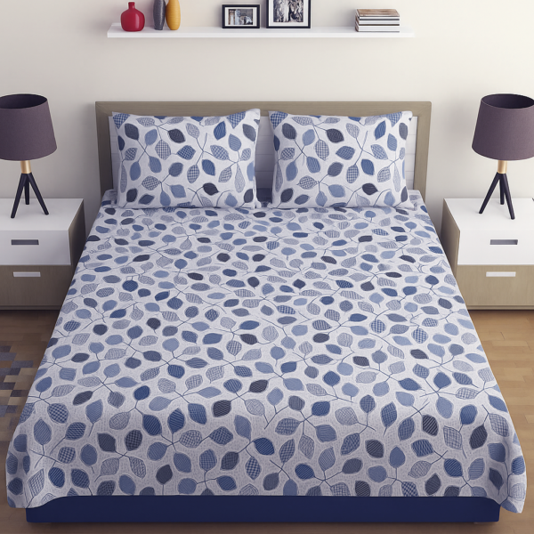 King Size Cotton Flat Bedsheet (270x240 cm) with 2 Pillowcases – Leaf Pattern, Soft & Breathable Fabric