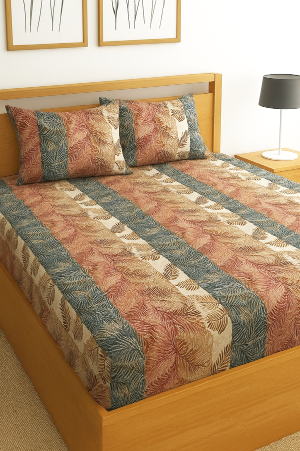 Generic King Size Flat Bedsheet (250x240 cm) with 2 Pillowcases 125 GSM Leaf Pattern