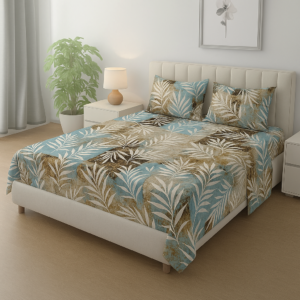 King- Size Flat Bedsheet with Two Pillowcases, 260x240 cm,125 GSM- Blue & Beige Tropical Leaf Pattern