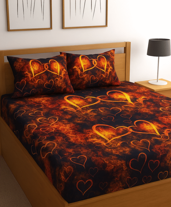 King Size Flat Bedsheet 250 x 240 cm with 2 Pillowcases – 125 GSM – Heart Pattern Design in Fiery Orange & Navy Blue Abstract Print – Soft & Durable Fabric