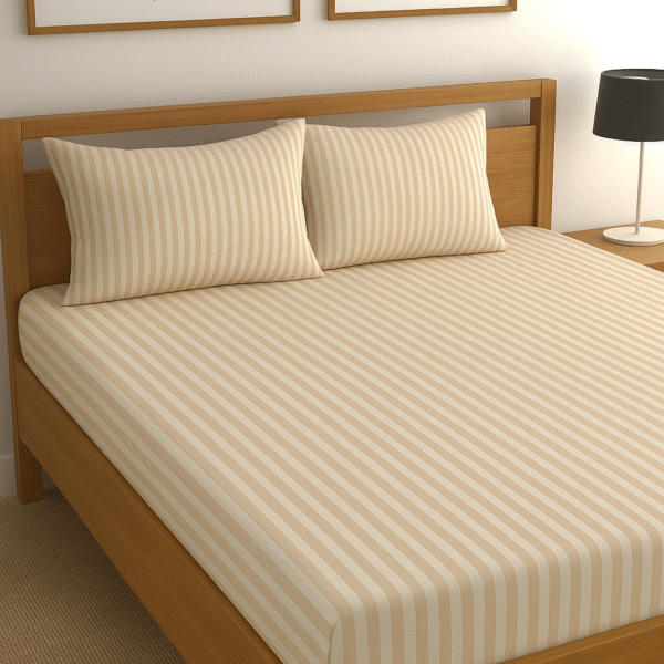 King Size Cotton Flat Bedsheet Set (270x240 cm) with 2 Pillowcases 144 TC Beige Striped Design